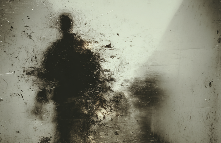 Silhouette of a person against a textured, blurred background.