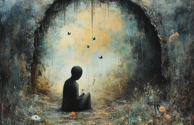 A silhouette sits in a dim cave, surrounded by ethereal light and delicate flowers.