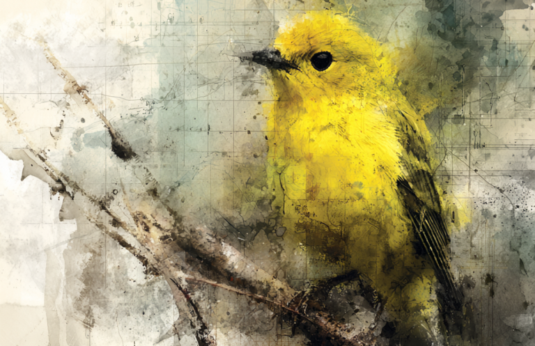 A vibrant yellow bird perched on a branch with a textured background.