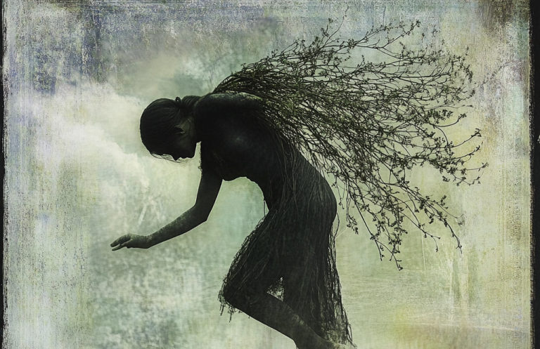 Silhouette of a graceful figure in motion, with branches extending from the back.