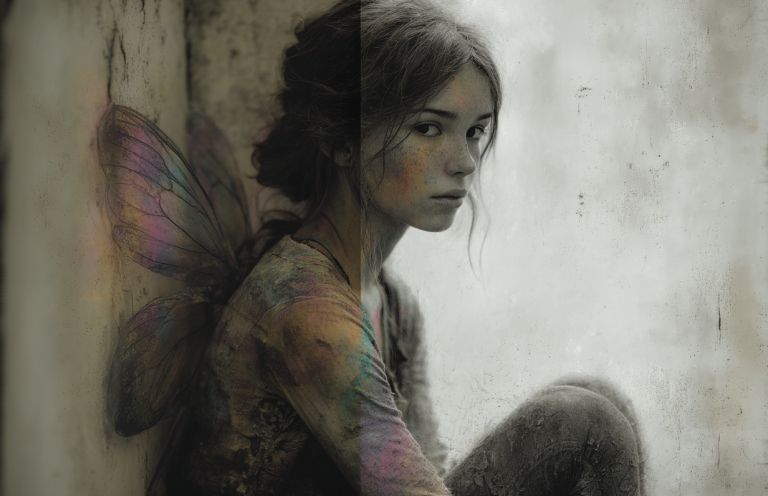 A girl with colorful fairy wings sits against a wall, looking thoughtfully at the viewer.